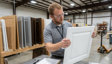 Manufacturing Quality Control: Cabinet Door Inspection A quality control worker inspecting a white kitchen cabinet door panel in a modern manufacturing facility, showing precision in production planning and shop floor management with Seradex ERP.