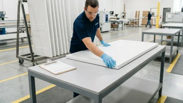 Quality Control in Door Manufacturing with ERP Software Manufacturing facility worker inspecting a white-primed door slab for quality control with a checklist, highlighting shop floor management.