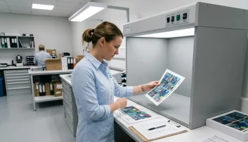 Manufacturing Quality Control & Print Inspection Female quality control technician inspects printed materials for color accuracy in a manufacturing facility's QC area.