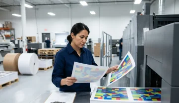 Manufacturing Quality Control & Print Production with ERP Female press operator comparing print proof with freshly printed sheet for quality control in a modern manufacturing facility assisted by ERP.