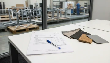 Manufacturing Quote & Samples on Office Desk Manufacturing quote with material samples next to an active production floor, illustrating Seradex ERP's integration.