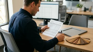 Manufacturing Sales Rep Reviews Cabinet Project Quote with ERP Sales rep reviewing kitchen cabinet project quote, leveraging ERP for accurate pricing & production planning in manufacturing.