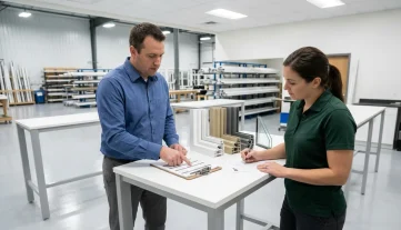 Manufacturing Sales Review with Window Profiles Manufacturing sales coordinator and B2B client review a window quote with vinyl profile samples in a modern factory setting.