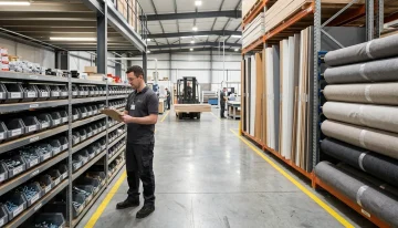 Organized Manufacturing Warehouse Inventory Management Worker checking inventory of hardware and materials in a clean, organized furniture manufacturing warehouse for production planning.