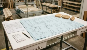 Millwork Production Planning: Blueprint to Shop Floor Architectural millwork blueprint on a desk with material samples and work orders, overlooking a manufacturing floor.