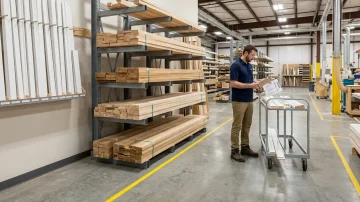 Efficient Millwork Manufacturing Inventory Management Worker in a millwork manufacturing warehouse checks inventory against a pick list, surrounded by hardwood lumber and primed MDF mouldings. Clean, organized facility.