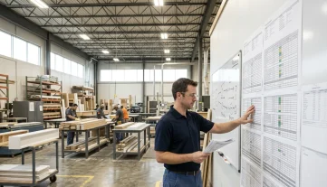 Millwork Production Manager Reviewing Schedule Production manager checking a project schedule in a modern millwork factory, highlighting efficient production planning.