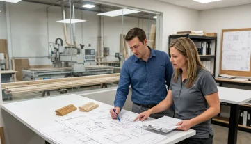 Millwork Project Management and Production Planning Manufacturing project manager and production supervisor review shop drawings with revisions in a millwork company office near a blurred production floor.