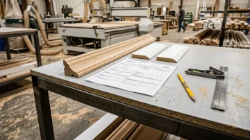 Manufacturing Work Order & Moulding Samples in Millwork Shop Work order document, natural maple and primed MDF mouldings on a workbench in a millwork manufacturing plant. Seradex ERP ensures precision.