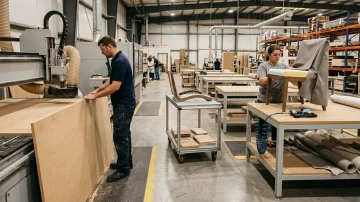 Modern Furniture Manufacturing: Production Planning & ERP Manufacturing facility with CNC router and upholstery station, showcasing production planning and inventory control with Seradex ERP.