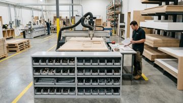 Modern Manufacturing Facility: Production & Inventory Control Manufacturing facility with CNC router, organized parts, and worker checking inventory. Ideal for production planning with ERP.