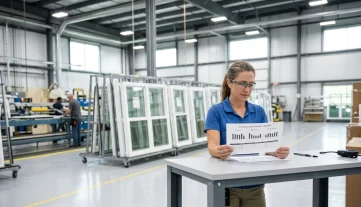 Manufacturing Plant Manager Reviews Production Analytics Female plant manager reviews manufacturing performance analytics on a printout in a modern window factory, aided by ERP software.