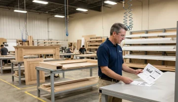 Plant Manager Reviews Production Report in Millwork Facility Plant manager reviewing a business performance report in a modern millwork manufacturing facility, highlighting production planning.