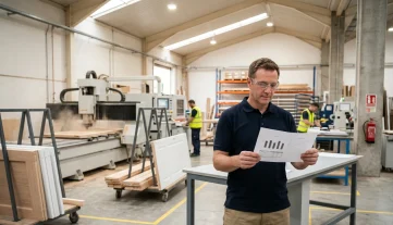 Plant Manager Reviews Production Data in Manufacturing Plant Plant manager in modern door manufacturing facility reviewing performance report, with CNC machine and door slabs in background.
