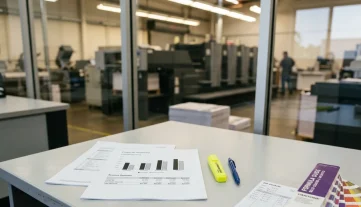 Streamline Printing Production with Manufacturing ERP Software Financial summary report on a desk in a commercial printing office, with printing presses visible behind a glass partition, showing the need for ERP manufacturing software for production planning and inventory control.