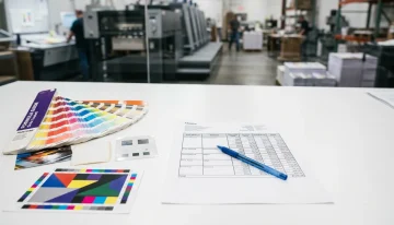 Manufacturing Operations: Streamlined Printing Production Printing company desktop with quote, Pantone guide, material samples, and blurred printing press in background.
