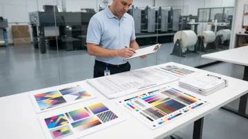 Production Coordination in Modern Printing Manufacturing Production coordinator in a modern printing facility cross-referencing a job docket with a large printed production schedule. Shows efficient shop floor management for manufacturing ERP.