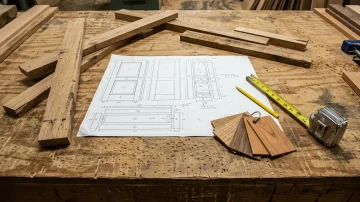 Production Planning on Workshop Bench - Manufacturing ERP Manufacturing workbench with production plan, wood offcuts, measuring tape, and wood samples. Seradex ERP for production planning.