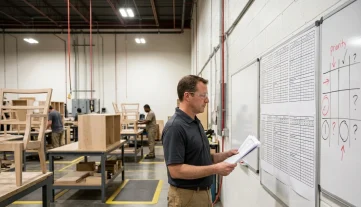 Manufacturing Supervisor Cross-Referencing Production Schedule Production supervisor reviews paper schedules and job travelers in a modern furniture manufacturing plant for production planning.
