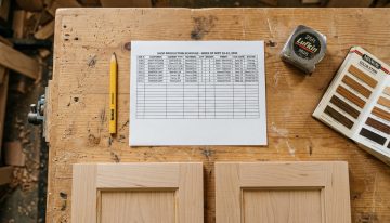 Shop Floor Production Schedule - Manufacturing ERPrkbench-seradex Production schedule on a workbench next to a pencil, tape measure, and stain samples, depicting manufacturing operations.