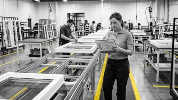 Production Supervisor Overseeing Window Manufacturing Line Production supervisor reviews schedule on a clipboard beside an automated window manufacturing conveyor line with workers assembling frames.