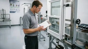 Quality Control in Window Manufacturing Facility Manufacturing quality control technician inspecting a white vinyl window in a clean facility, using a checklist to ensure product quality and compliance.
