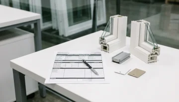 Streamline Your Window Manufacturing Quoting Process Window configuration quote with material samples: vinyl frames, glass spacers, and hardware chips on a white desk.